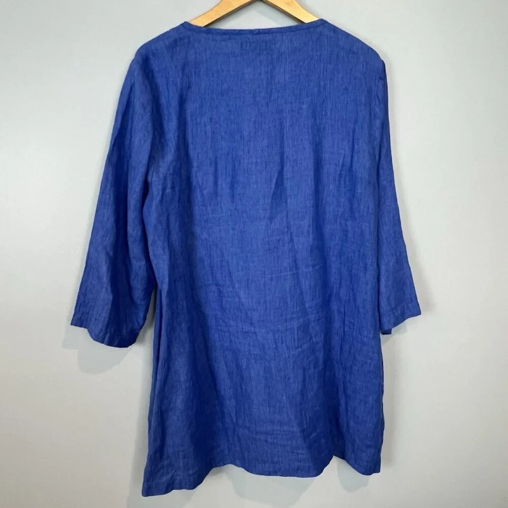 FLAX Blue Linen Shift Dress or Tunic Pullover Size Medium Pockets 3/4 Sleeves - Picture 4 of 8